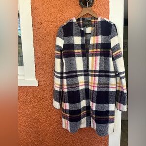 Rachel Zoe Womens Wool Blend Open Front Long Jacket Multicolor Plaid Size Small